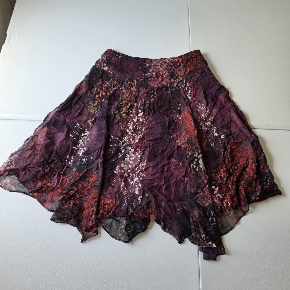 Peruvian Connection Skirt Womens 10 Purple Floral Silk Chiffon Layered Boho